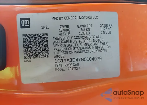 2022 Chevrolet Corvette Stingray Rwd 1Lt из США, поврежденный, VIN 1G1YA3D47N5104079